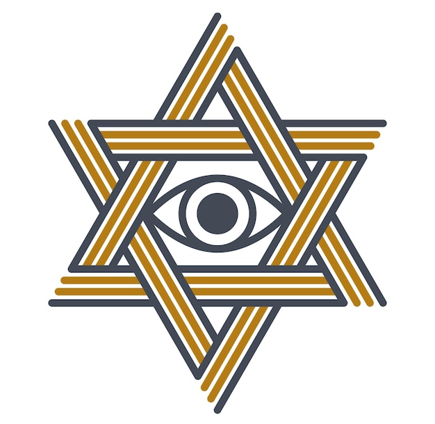 Ojo que todo lo ve en la estrella de David vector símbolo antiguo en estilo lineal moderno aislado en blanco, ojo de dios, signo masónico, conocimiento secreto illuminati.