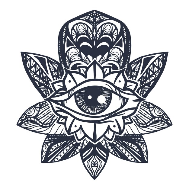 Ojo que todo lo ve vintage en Mandala Lotus. Símbolo mágico de la Providencia para impresión, tatuaje, libro para colorear, tela, camiseta, tela en estilo boho. Astrología, oculto, signo de percepción esotérica con ojo. Vector