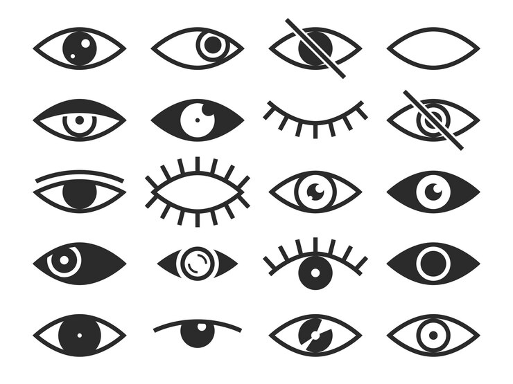 Vector ojo. visión y señales de visión, ojos humanos abiertos y cerrados, lente o llanto, ojos de salud de supervisión de medicina oftalmológica. conjunto de símbolos aislados de vector de silueta de vista