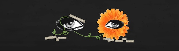 Ojos de banner de collage vectorial y concepto de planta dibujada con flores sobre el tema de que la belleza es naturalidad