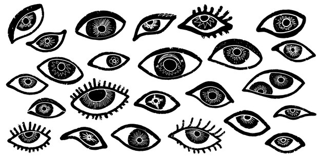 Ojos Contorno negro texturizado Conjunto vectorial de ilustraciones dibujadas a mano en estilo garabato