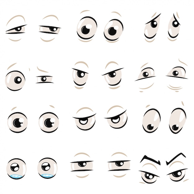 Vector ojos de historieta cómica con cejas conjunto aislado en un blanco. ilustración de emociones: enojado, triste, sorprendido, enojado, gracioso, malvado, confundido, llorando y otros.