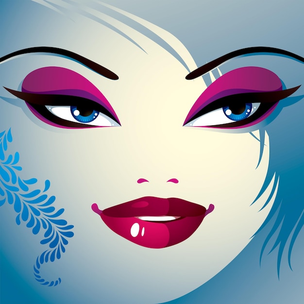 Vector ojos y labios de mujer coqueta, maquillaje elegante y peinado. personas emociones faciales positivas.