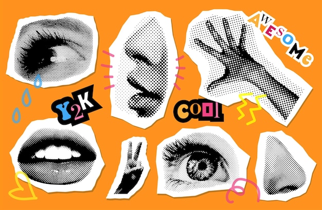 Vector ojos, labios y oídos en elementos de diseño de collage de tratamiento de medios tonos en estilo de arte pop punteado de moda r