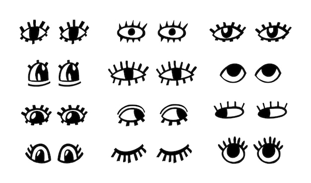 Ojos locos garabato ojo abierto conjunto abstracto dibujado a mano diversión geométrica colección vector elementos negros