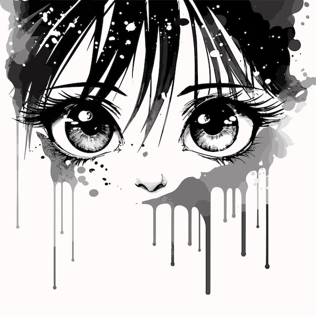 Vector ojos de manga mirando con pintura goteando de su rostro dibujando una chica anime en blanco y negro asoma