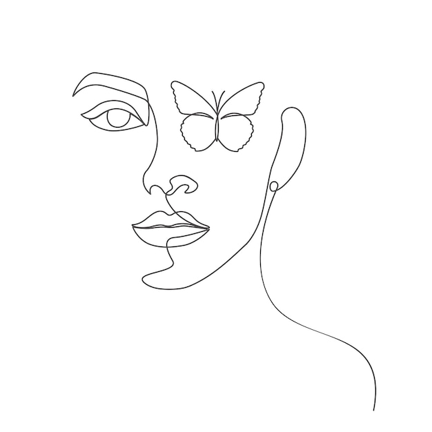 Ojos de mujer con mariposa lineal elegante dibujo de arte de una línea