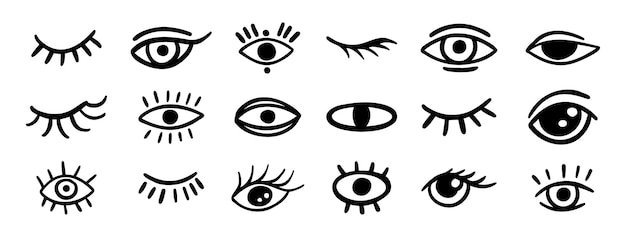 ojos y pestañas conjunto de iconos dibujados a mano de doodle colección de símbolos de clipart de línea de dibujo de contorno