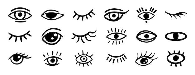 Ojos y pestañas dibujado a mano icono conjunto de contorno dibujo línea clipart símbolo colección vector