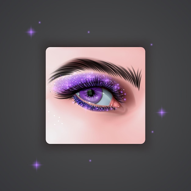 Ojos realistas con sombras de ojos brillantes de color púrpura con textura brillante