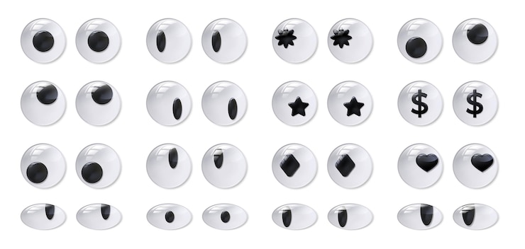Vector ojos saltones ojo de plástico autoadhesivo muñeco de juguete divertido globo ocular en movimiento y tonto tonto se ve realista conjunto de vectores aislados en 3d