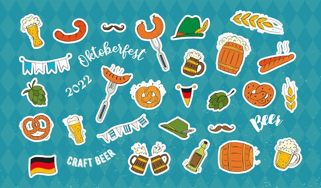Oktoberfest 2022 Festival de la cerveza Elementos dibujados a mano Doodle Vacaciones tradicionales alemanas Oktoberfest Cerveza artesanal Rombo azul blanco Conjunto de elementos coloridos
