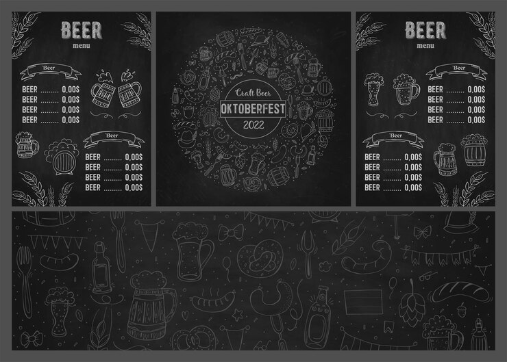 Oktoberfest 2022 Festival de la cerveza Elementos dibujados a mano Doodle Vacaciones tradicionales alemanas Oktoberfest Craft Beer Bluewhite rombo Set Menú de cerveza con elementos Fondo de pizarra