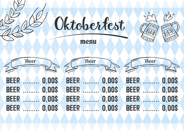 Oktoberfest 2022 - fiesta de la cerveza. elementos de fideos dibujados a mano. fiesta tradicional alemana. oktoberfest, cerveza artesanal. rombo azul-blanco. menú de cerveza horizontal.