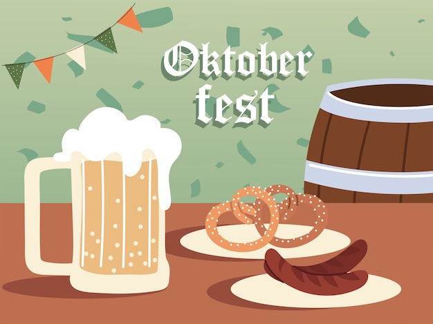 Oktoberfest cerveza barril salchichas y pretzels ilustración, festival de Alemania y tema de celebración