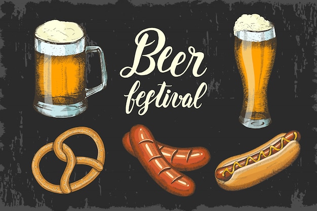 Oktoberfest con cerveza elaborada a mano, pretzel, salchichas y hot dog. letras hechas a mano. bosquejo.