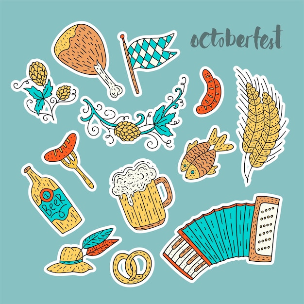 Oktoberfest festival de la cerveza doodle conjunto dibujado a mano