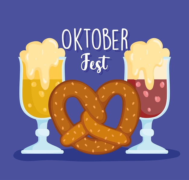 Oktoberfest festival, cervezas con espuma y comida pretzel, celebración ilustración tradicional de alemania