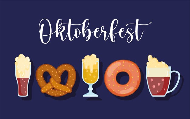 Oktoberfest festival, set iconos cerveza pretzel y donut comida, celebración ilustración tradicional de Alemania