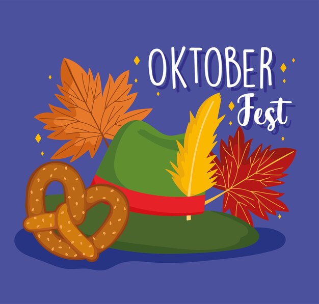 Oktoberfest festival, sombrero verde con pretzel de plumas y hojas de autunm, celebración ilustración tradicional de alemania