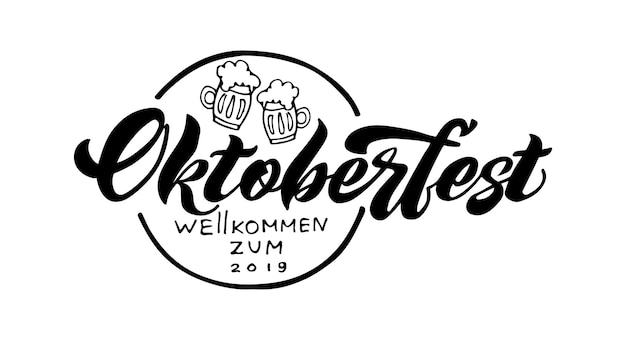 Oktoberfest letras manuscritas y vasos de cerveza Diseño vectorial de tipografía Oktoberfest