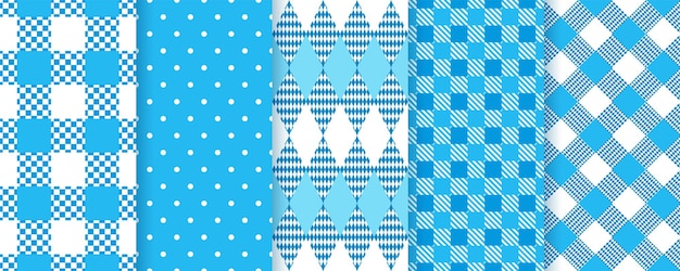 Oktoberfest patrones sin fisuras de Baviera. Fondos azules con rombos, lunares, cheque. Establecer estampados a cuadros de tartán