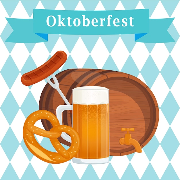 Oktoberfest poster banner pinta de cerveza pretzel barril salchicha ilustración sobre fondo de diamante