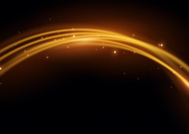 Ola dorada de polvo de estrellas Línea de desenfoque de luz brillante Rastro de remolino amarillo Velocidad ondulada de oro brillante Vector