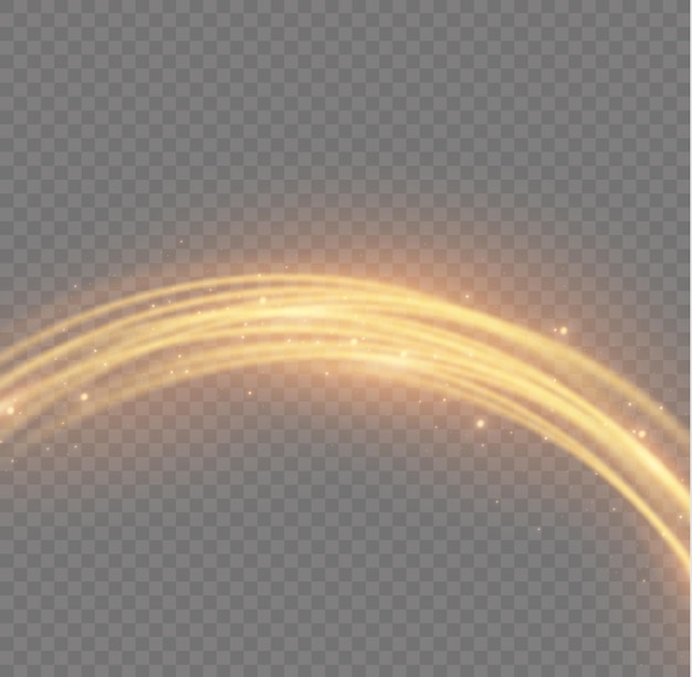 Ola dorada de polvo de estrellas Línea de desenfoque de luz brillante Rastro de remolino amarillo Velocidad ondulada de oro brillante Vector