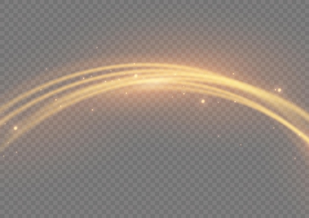 Ola dorada de polvo de estrellas Línea de desenfoque de luz brillante Rastro de remolino amarillo Velocidad ondulada de oro brillante Vector