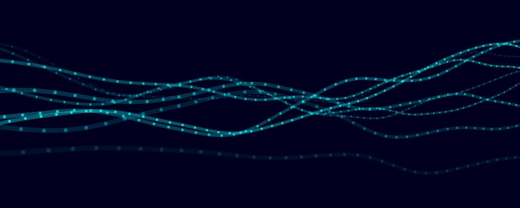 Vector ola futurista abstracta con puntos y líneas en movimiento flujo de partículas ilustración de tecnología cibernética vectorial