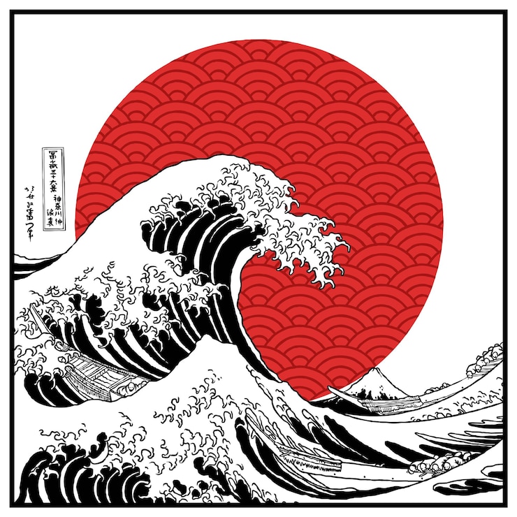 Vector ola japonesa con vector de diseño de luna llena