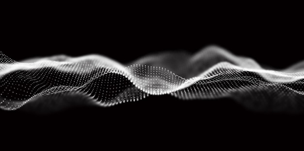 Ola de partículas blancas Fondo de flujo de tecnología abstracta Patrón de malla de sonido o paisaje de cuadrícula