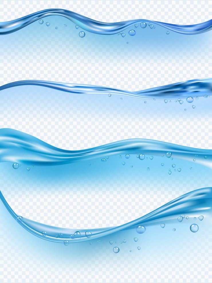 Vector ola realista. el agua salpica la superficie del líquido con burbujas transparentes aqua imágenes de onda que fluye