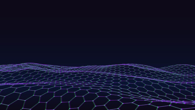 Ola de tecnología digital Ciberespacio oscuro con puntos y líneas de movimiento azules Fondo futurista vectorial