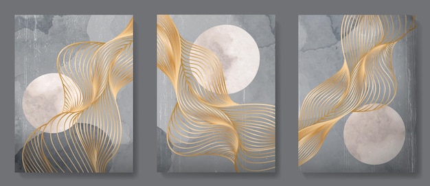 Olas en arte de línea dorada con luna o sol sobre un fondo de acuarela gris Conjunto de estampados elegantes para la decoración del cartel de diseño de interiores