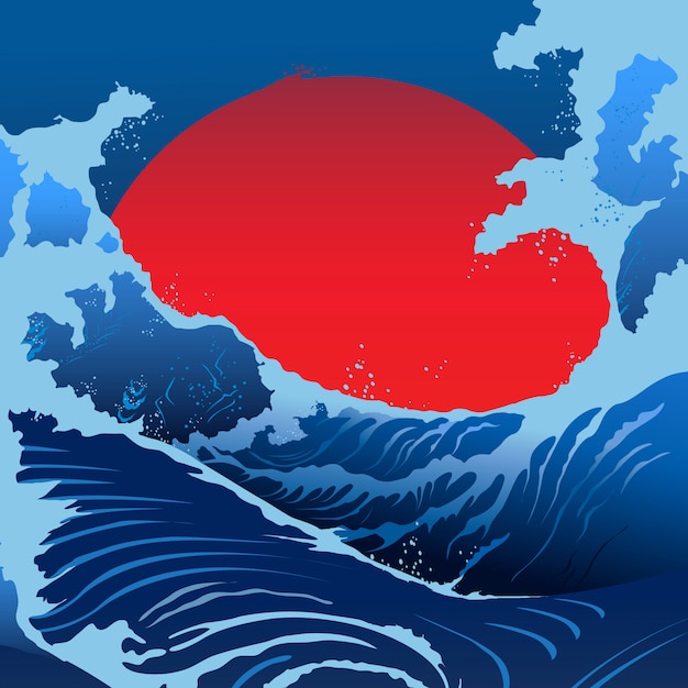 Vector olas azules y sol rojo en el estilo japonés