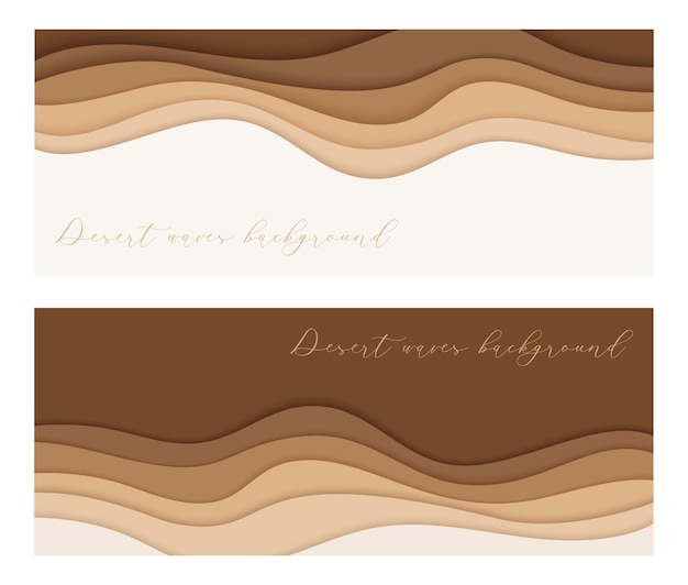 Vector olas del desierto dunas de arena arte de papel dos banderas conjunto plantillas de carteles olas beige desnudas estilo de corte de papel