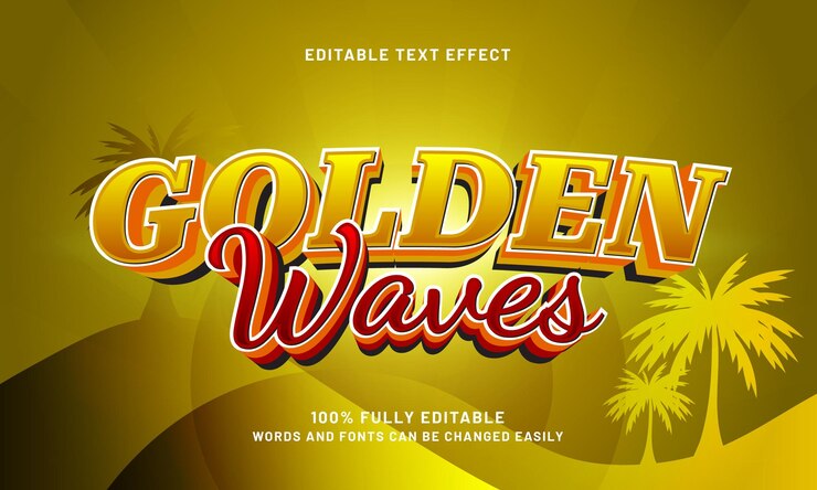 Vector olas doradas efectos de texto editables con un tema de playa y puesta de sol