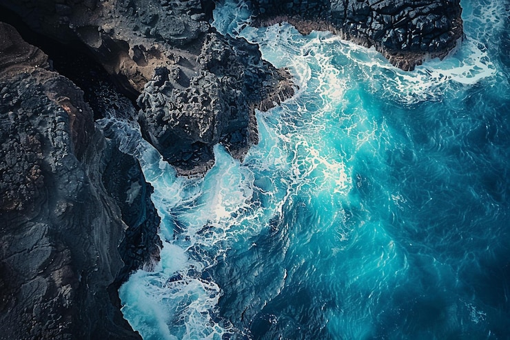 Vector las olas erosionaron los arrecifes de coral en la orilla imagen aérea de avión no tripulado mirando hacia abajo de las olas de surf rodar