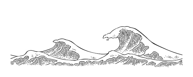 Olas del mar grabado vectorial vintage ilustración negra aislada en blanco