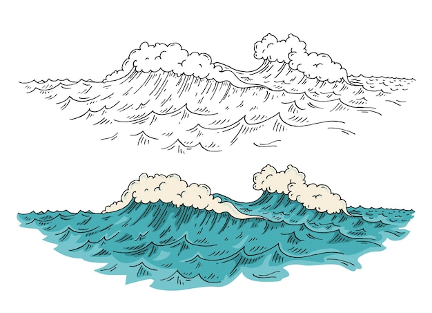Olas del mar Ilustración en color de grabado vectorial vintage Isolado sobre fondo blanco Incubado dibujado a mano