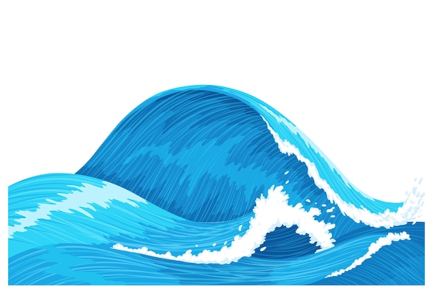 Las olas del océano salpican agua elemento de tormenta marina El mar azul o la ola del océano con espuma de rociado en la cresta Ilustración vectorial