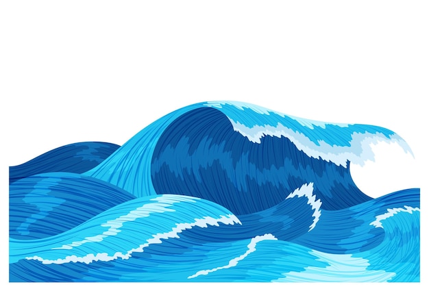Las olas del océano salpican agua elemento de tormenta marina El mar azul o la ola del océano con espuma de rociado en la cresta Ilustración vectorial