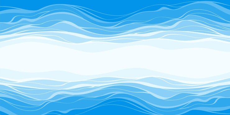 Vector las olas del océano en tonos azules dibujadas en estilo plano de dibujos animados en un estandarte vectorial de fondo blanco con un
