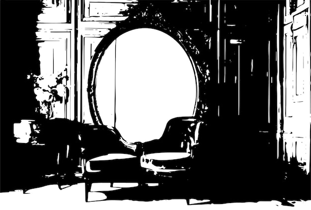 old chair and a mirror on the background of vintage wall