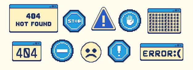 Old computer browser in 90s with 404 error pixel message boxes and popup user interface elements