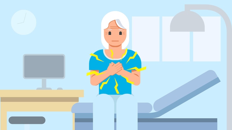 Vector old senior woman having chest pain in a clinic background vector illustration