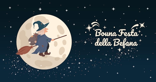 Old Witch Befana tradición Navidad Epifanía personaje en Italia volando en escoba contra la luna