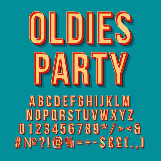 Oldies party vintage 3d vector lettering retro negrita tipo de letra pop art texto estilizado estilo de la vieja escuela letras números símbolos elementos 90s 80s poster banner fondo de color pino